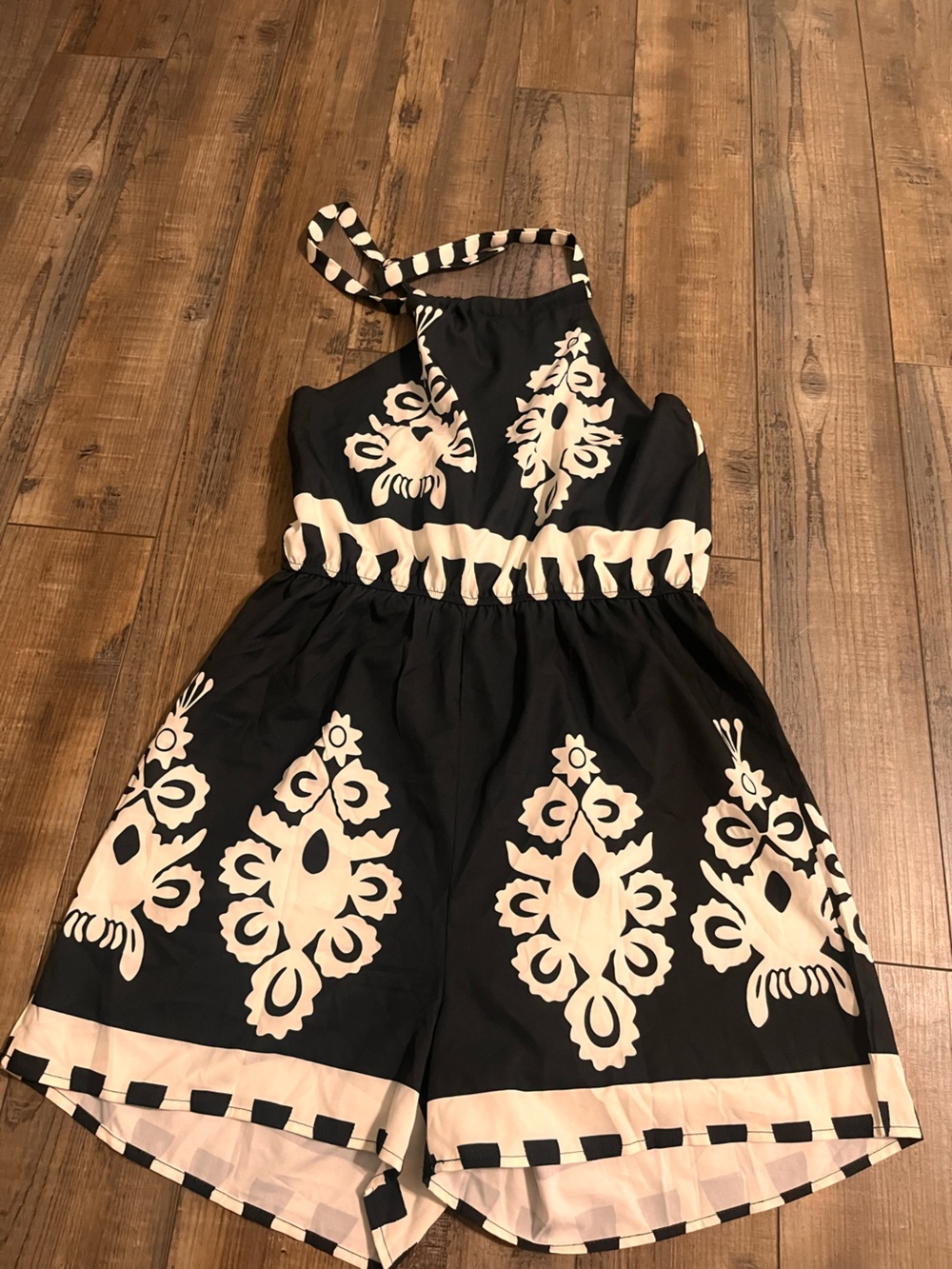 Black and Cream Printed Halter Romper